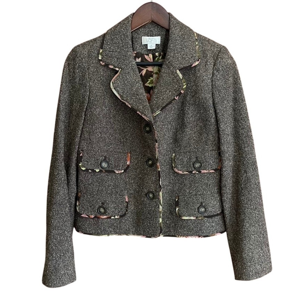 VTG Ann Taylor LOFT Women's Tweed Blazer Jacket Gray Floral Lined Size 2